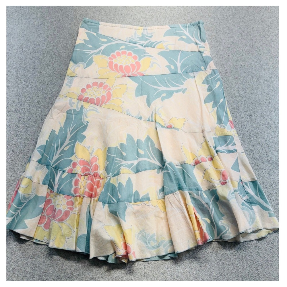 DKNY Jeans Floral Skirt Womens 6 Peach Blue Tiered Asymmetrical Flowy Retro Midi